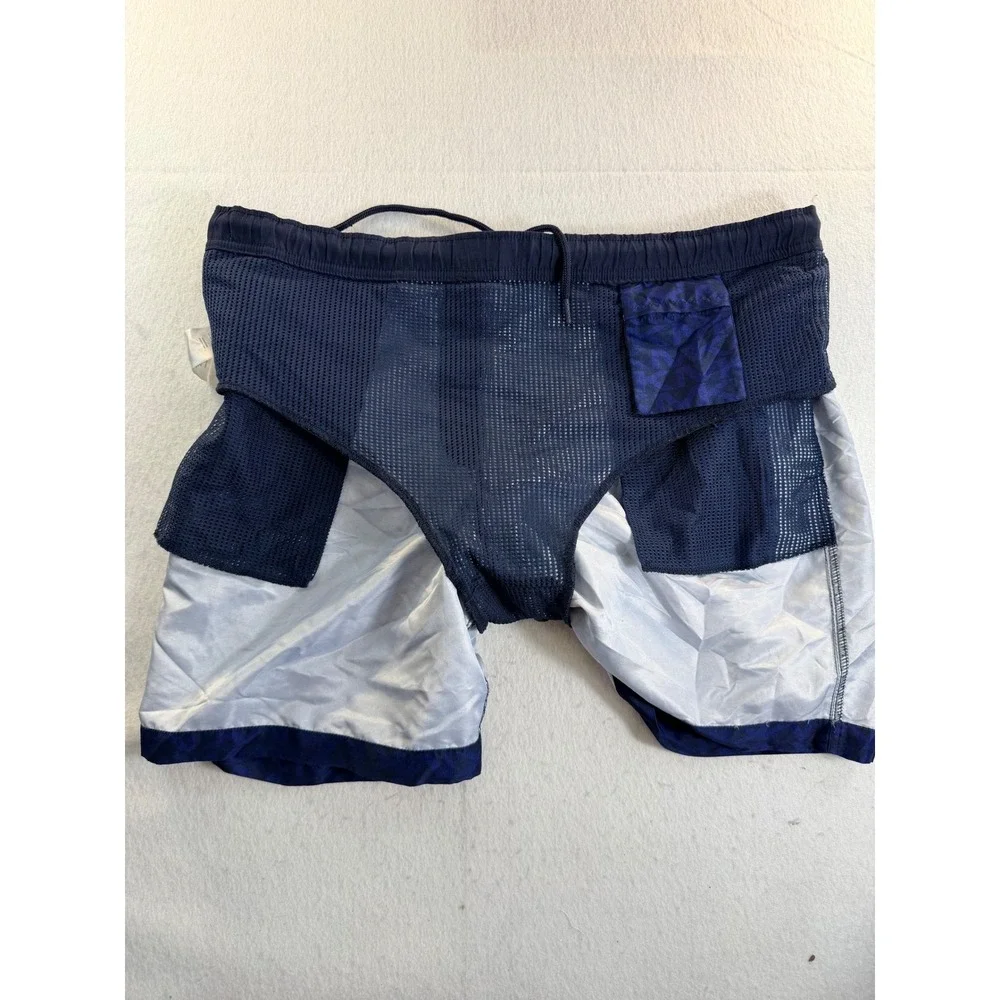 Michael Kors Mens Navy Blue Monogram Logo Swim Trunks Shorts Size L Drawstring
